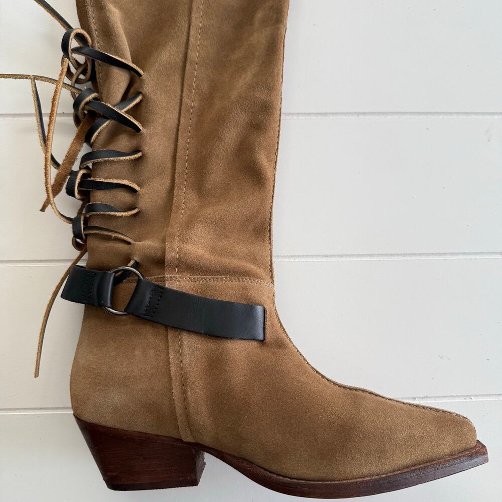 Free People slouch boots back-lace slouchy tall boots leather suede fringe - Picture 9 of 12